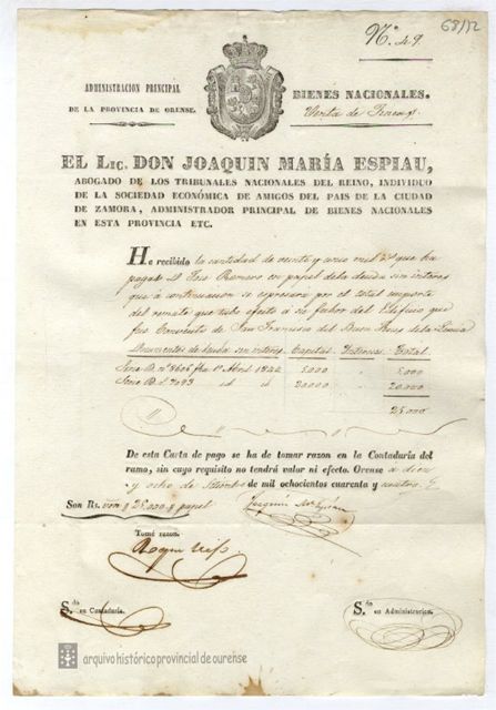 1843-1844, Ourense Carta de pagamento do expediente de venda do edificio do Convento de Bon Xesús da Limia Delegación do Ministerio de Facenda en Ourense, C-68/12